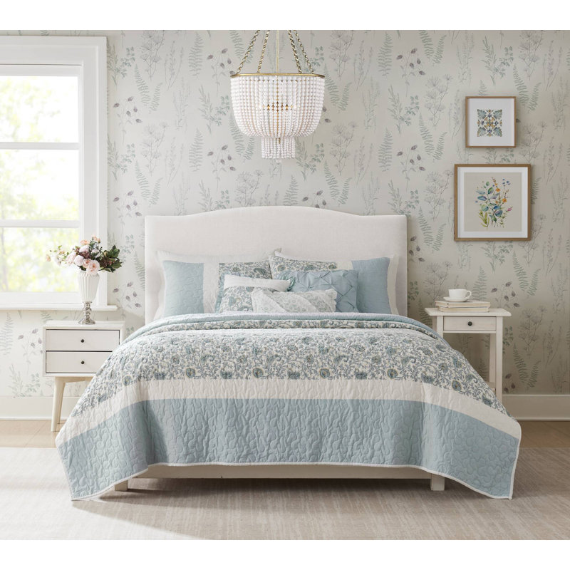 Dawn 6 Piece Cotton Percale Quilt Set with Throw Pillows, Full/QueenCoverlet+2Standard Sham + 3 Throw Pillow, Aqua