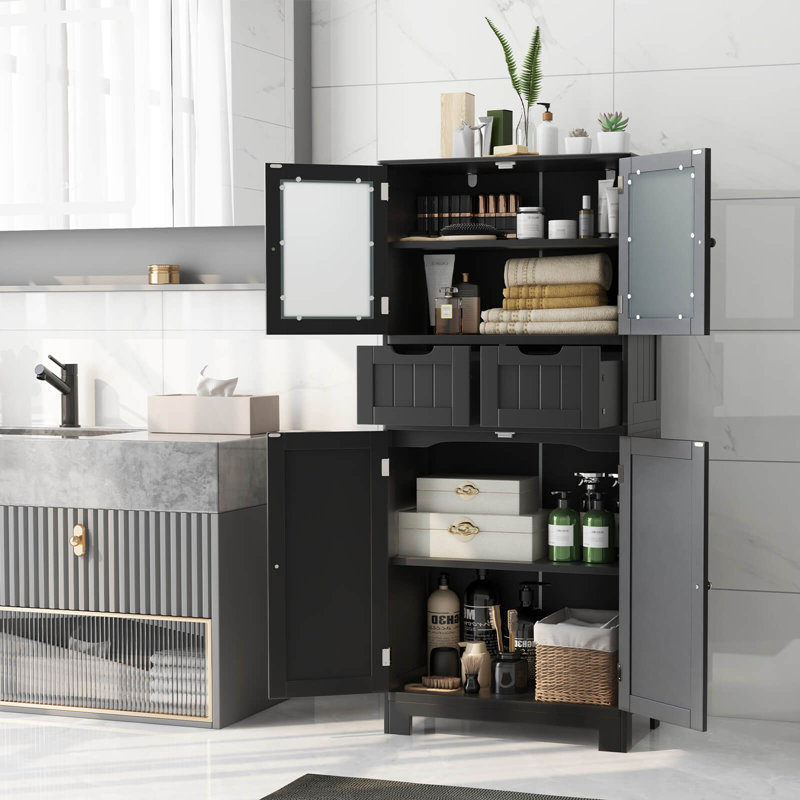 Bathroom Floor Storage Cabinet Kitchen Cupboard With 2 Drawers & Glass Doors Black