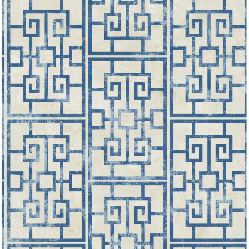 Rouleau de papier peint métallisé 33 pi x 20,5 po Maes Dynasty Lattice, Bleu azur / blanc cassé
