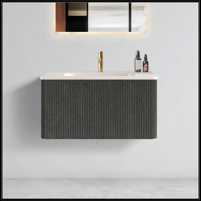 Meuble-lavabo flottant rayé en chêne noir brossé de 30 pouces avec lavabo en céramique blanche Etna, design moderne et élégant pour les salles de bain contemporaines