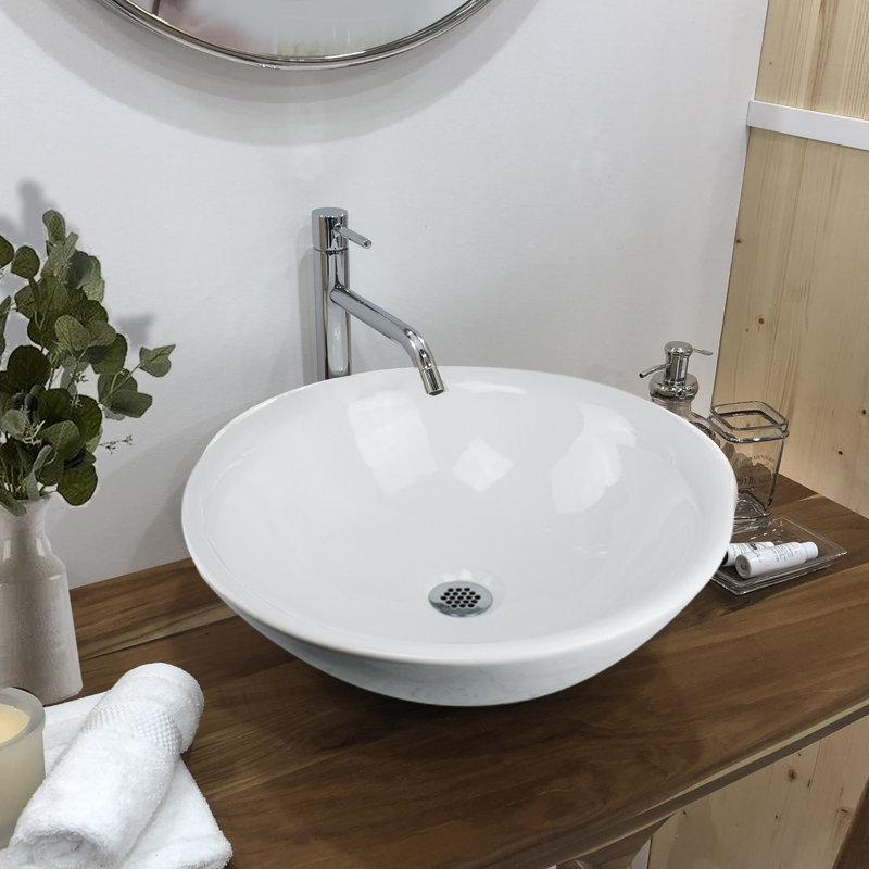 White Round Vitreous China Vessel Sink with Overflow