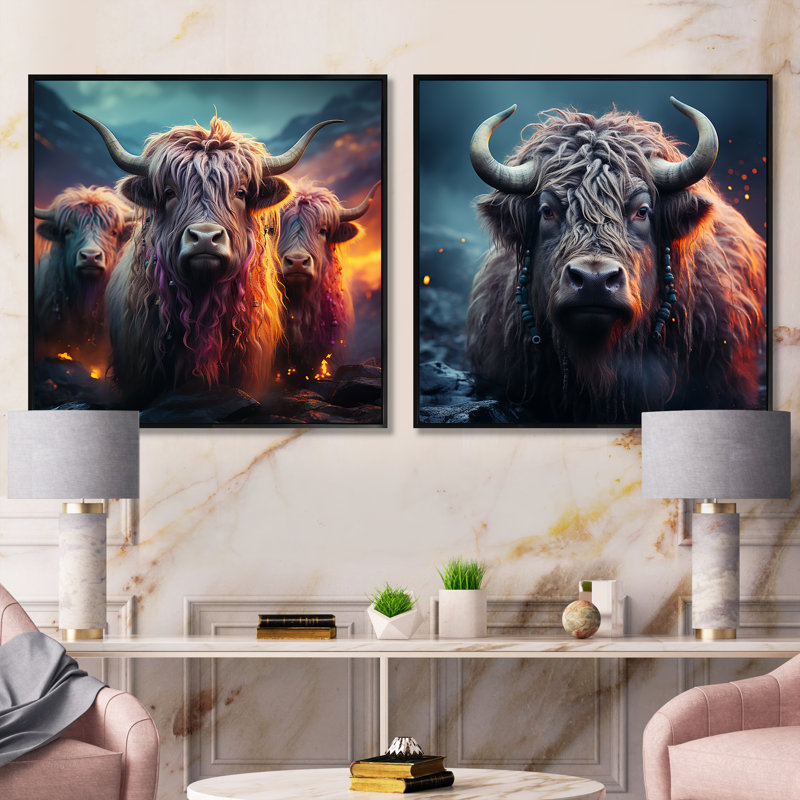 Portrait de yaks enchantés - ensemble de 2 animaux carrés en collage, Cadre flottant noir, H 16 po x l 33 po