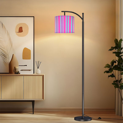 Arc Floor Lamp with Adjustable Lampshade Vibrant Neon Pink Blue Vertical Stripes Abstract Standing Lamp 3 Color Temperatures Dimmable Tall Pole Lamp with Foot Switch for Bedroom