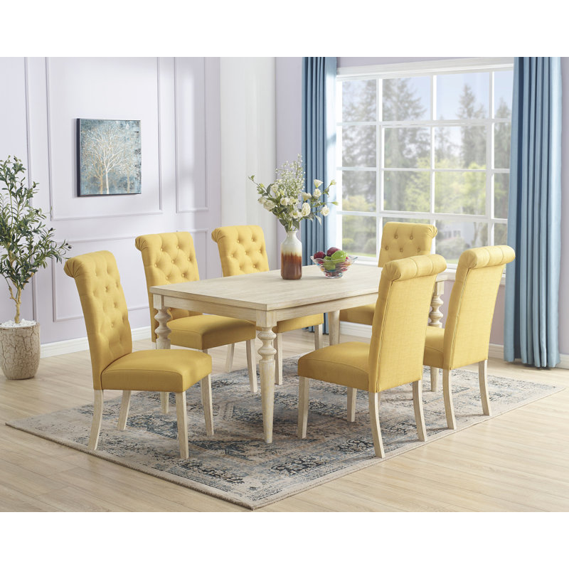 Ensemble de salle à manger 5 pièces à pieds tournés avec 4 chaises capitonnées, 7, Jaune/beige
