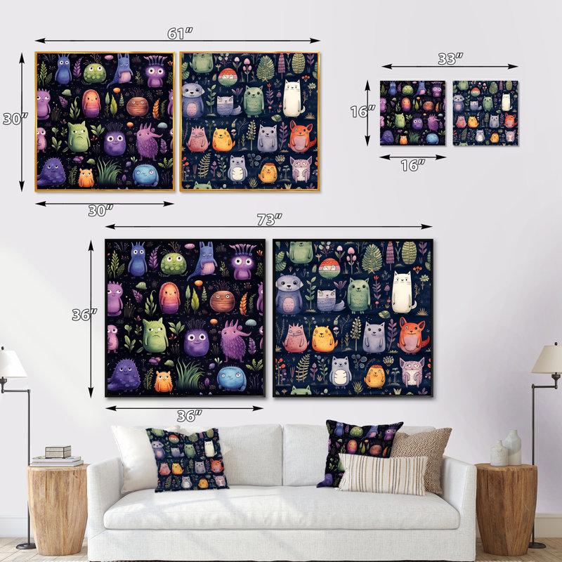 Mignon motif de monstres pour chambre à coucher pour enfants - ensemble de collage carré fantaisie et science-fiction