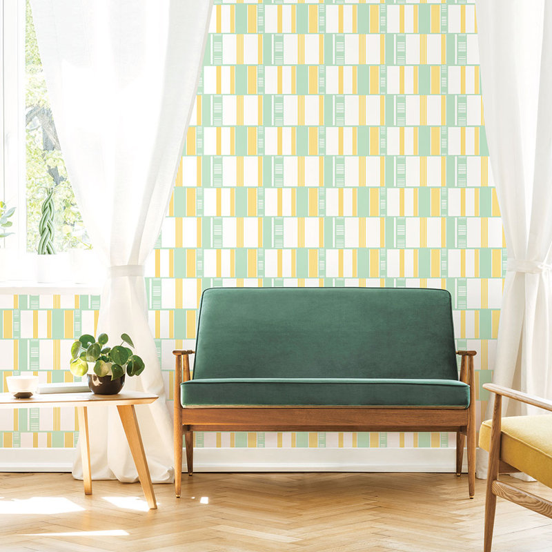 Papier peint géométrique, Vert menthe / jaune / blanc