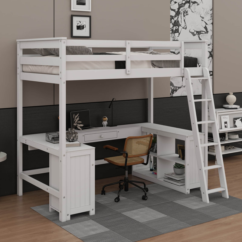 Full Size Loft Bed With Desk, Drawers And Shelves, White