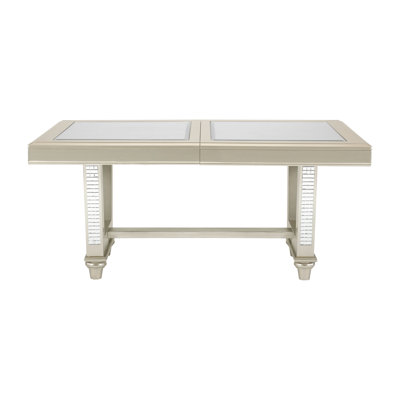 Table de salle à manger avec finition champagne, plateau en verre, rallonge, 6 sièges pour tréteaux