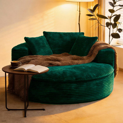 Fauteuil méridienne rond surdimensionné de 124 cm et canapé-lit | Revêtement moderne en velours côtelé avec rembourrage en mousse, aucun assemblage requis, idéal pour la chambre, canapé rond confortable pour les petits espaces, tissu avec mousse à mémoire de forme, style coussin vert