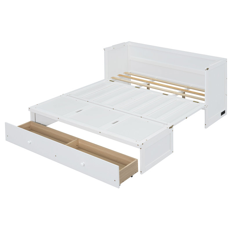 Grand lit escamotable avec port USB et grand tiroir, Blanc, Grand lit
