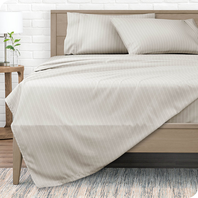 Ensemble de draps rayés en microfibre, Ensemble de draps pour taille de lit double avec u, Pierre / blanc