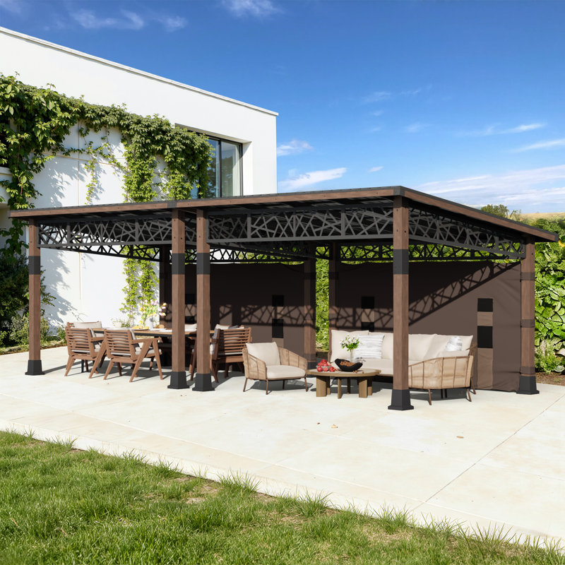 12 FT X 28 FT Outdoor Modern Hardtop Slope Roof Gazebo With Side Privacy Screen