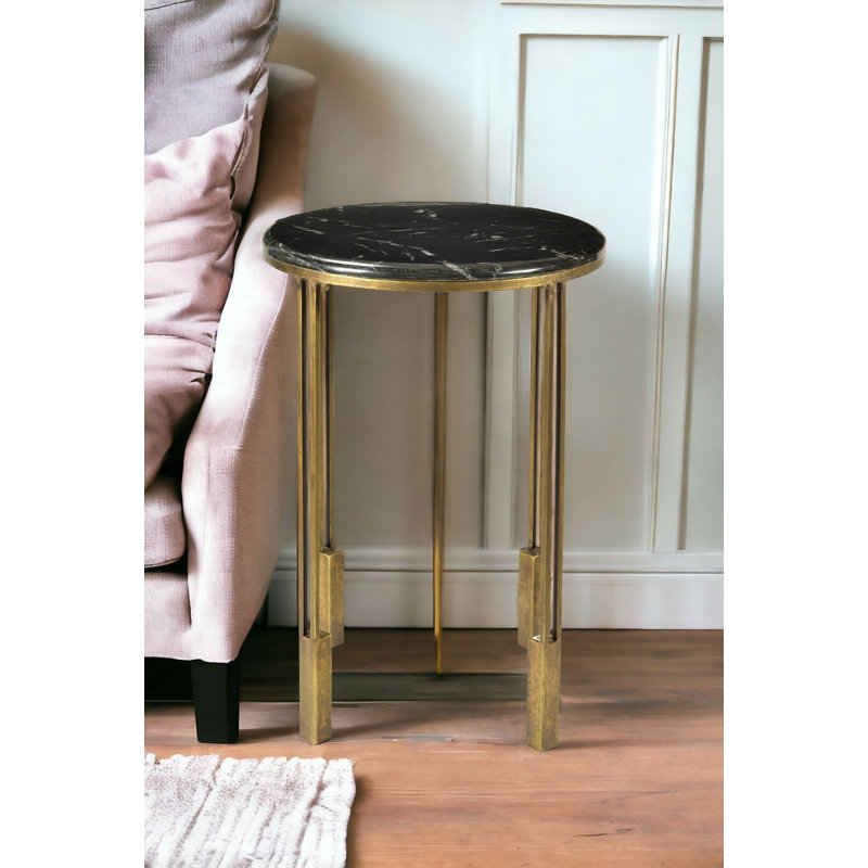 23" Gold And Black Marble And Iron Round End Table