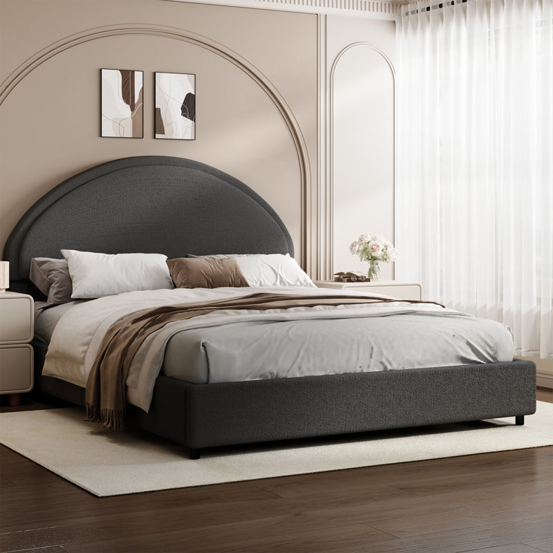 Bensu Luxury Curve-Shaped Headboard Bed Frame, Elegant Boucle Upholstered Platform Bed with Modern Design, Full, Dark Grey
