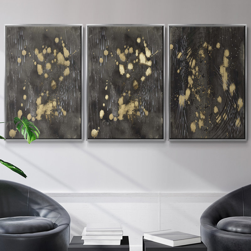 Cosmic Downpour, ensemble de 3 pièces encadrées sur toile, Argent, H 36 po x l 72 po
