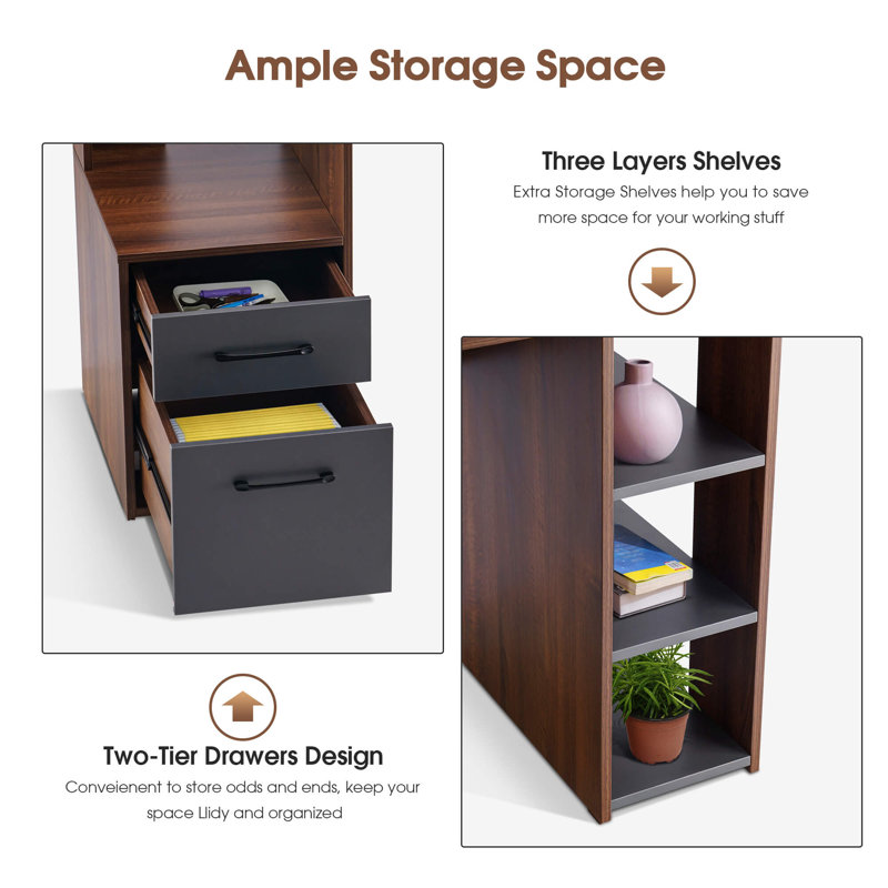 Modern Computer Desk with Storage Drawers and Shelf, Brown/Black