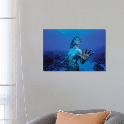 Underwater Mermaid Statue At Grand Cayman Island by Jennifer Idol - Wrapped Canvas Print