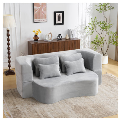Queen Size Light Grey Modern Floor Futon Sofa Bed with 4 Pillows - Plush Fabric Folding Sofa Couch, High-Density Foam Mattress for Living Room Guest B by Alcott Hill