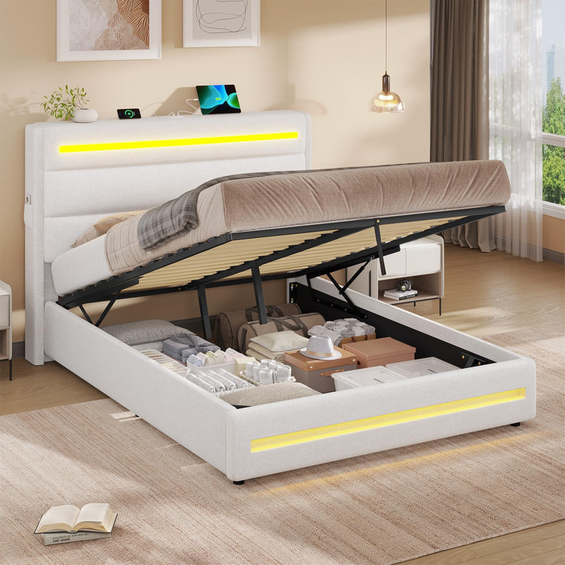 Double Bed Frame With Charging Station & Led Lights, Upholstered Platform Bed Frame With Gas End Lift & Under Hydraulic Storage,  No Box Spring Needed, Linen White