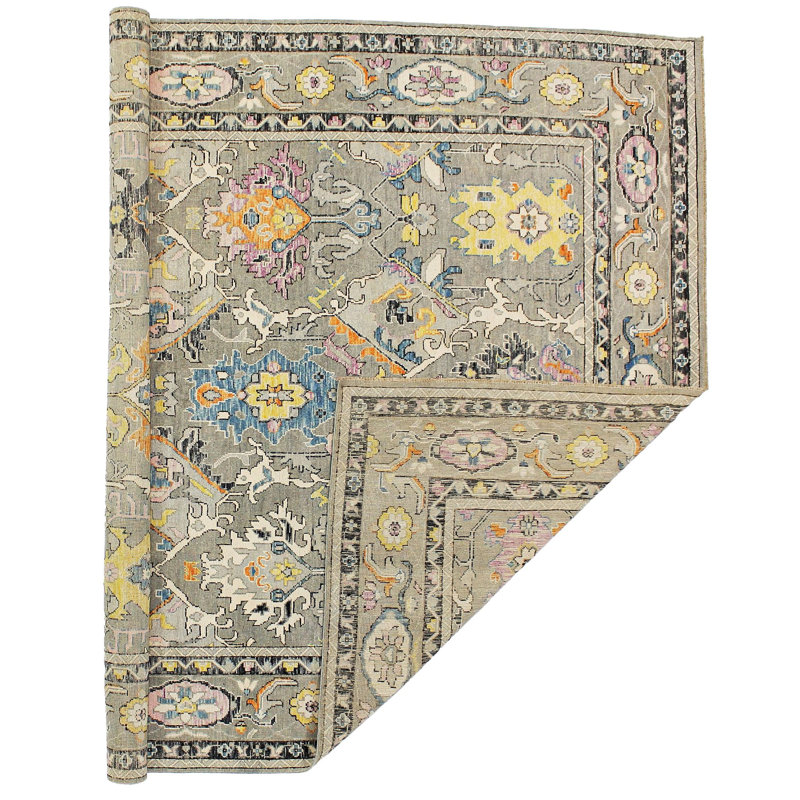 Tapis Oushak turc rétro fait à la main gris et gris Anatolian