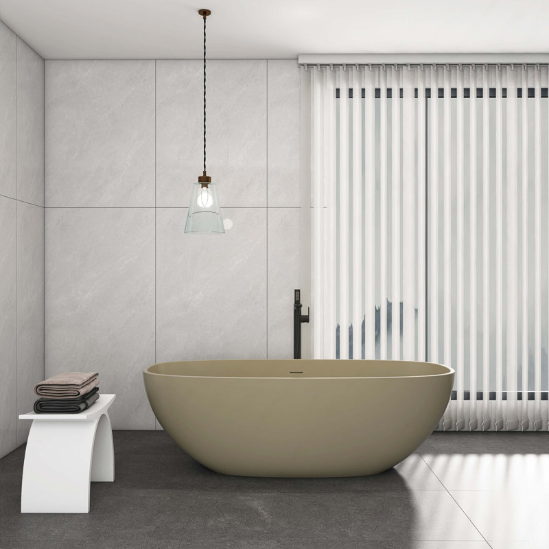 66.9 Inch Freestanding Solid Surface Soaking Bathtub For Bathroom, Khaki