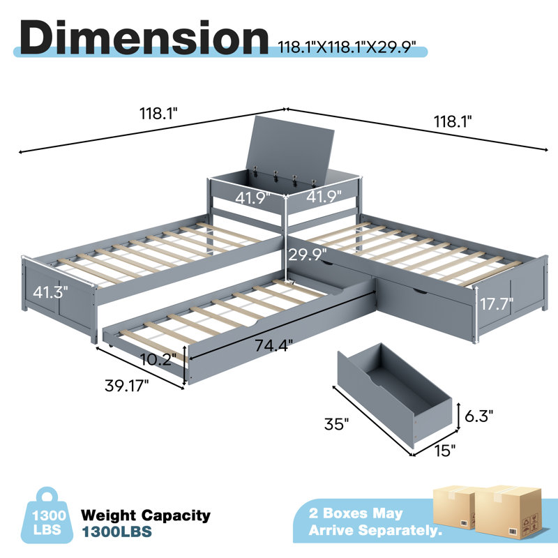 L-Shaped Twin Solid Wood Trundle Bed with Flip-Top Storage Desk, Gray, Gray
