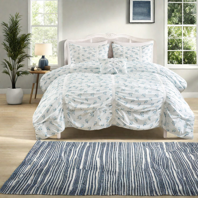 Ensembles de literie bleus froncés, couette florale en microfibre pour lit simple/simple XL