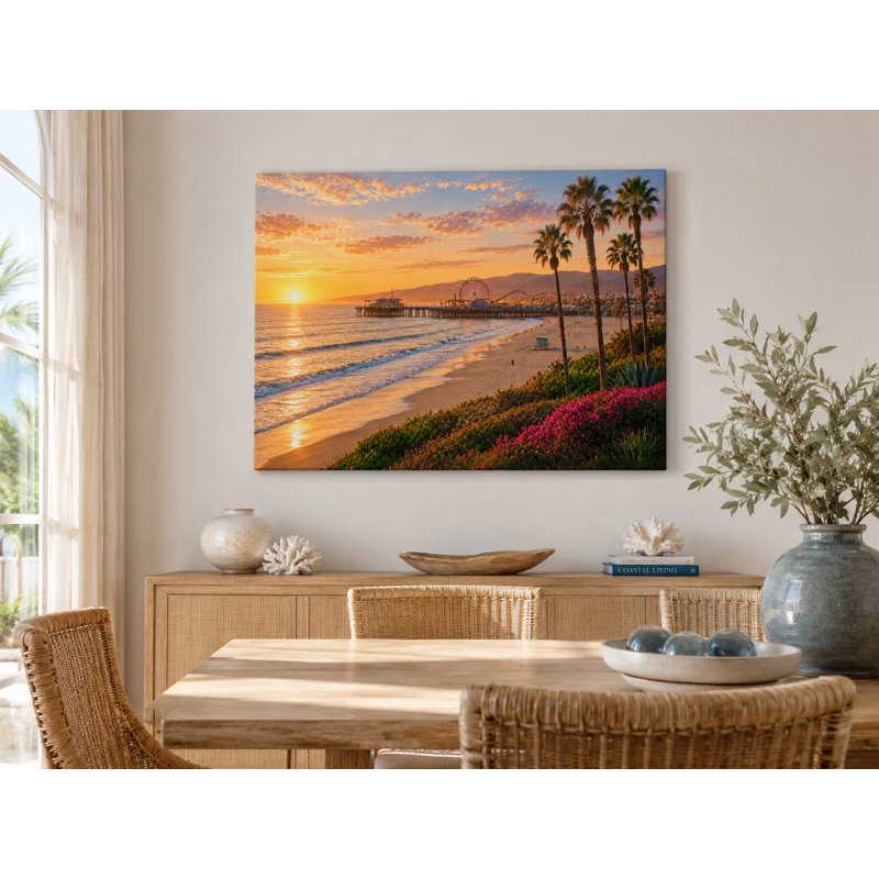 «California Beach Pier Golden Sunset», reproduction d'art sur toile tendue, L 40 po x H 30 po x P 1,5 po