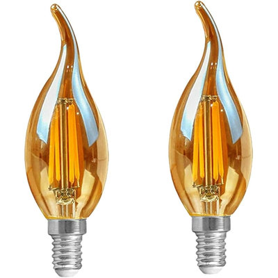 E14 LED Candle Bulb 4W C35 Flame Tip Dimmable Vintage Filament Light 2700K Warm White Amber Glass Energy Saving Small Edison Screw for Chandeliers, Wall Lamps, Sconces