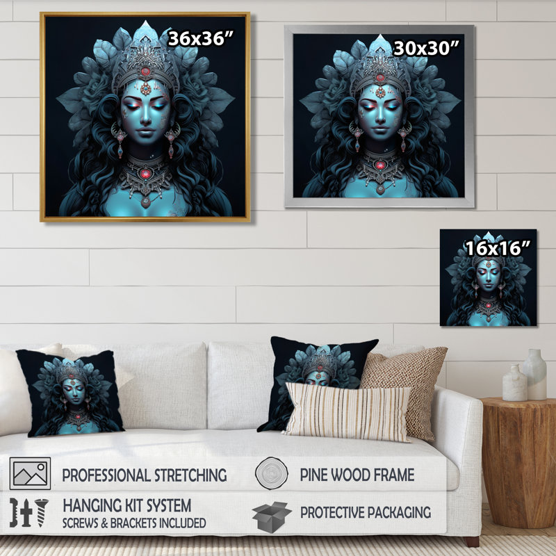 Bleu Shiva Compassion - Hindouisme, art mural, Toile avec cadre flottant noir, H 16 po x l 16 po x P 1 po