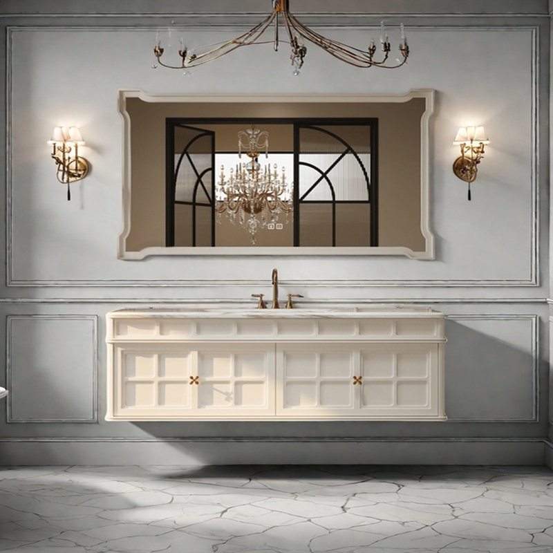 Armoire de salle de bain rétro française, H 19,6 po x l 63 po x P 21,6 po