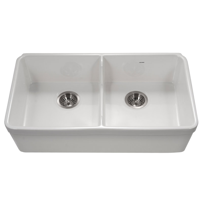 Houzer 32 in Biscuit Fireclay Apron Front 50/50 Double Sink w/ Strainer,Grids-PTD-6400 WH-C, White
