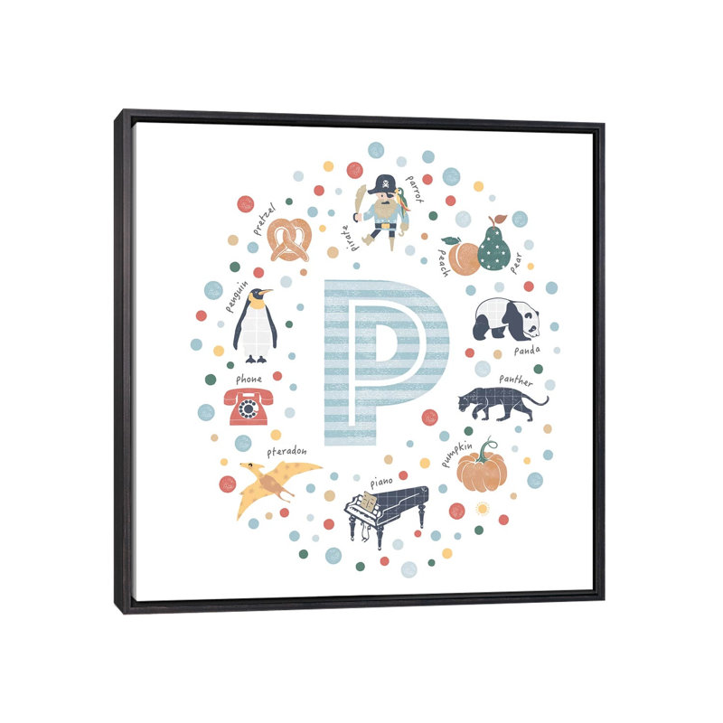 Lettre illustrée P bleue - impression, Pas de tapis, H 37 po x l 37 po x P 1,5 po, Toile avec cadre noir patiné
