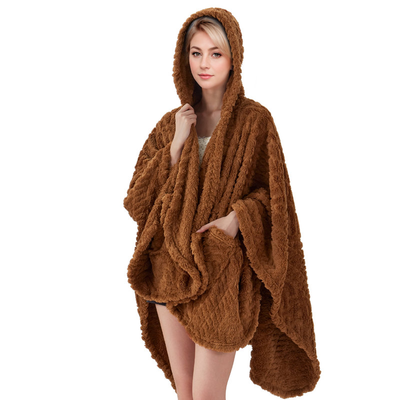 Fleece Hooded Blanket with Hood, Fluffy Fluffy Shawl with Pockets, Brown