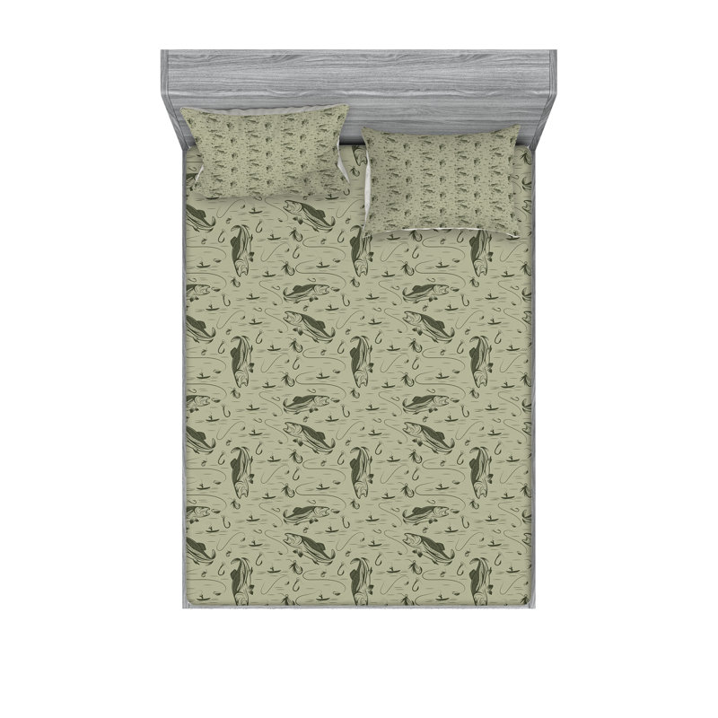 Ambesonne Fishing Fitted Sheet & Pillow Sham Dusk Army Green, Cal King Sheet Set + 5 Additional Pieces