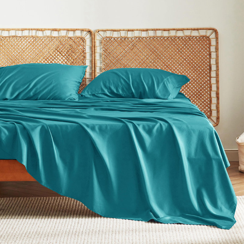 Ensemble de draps en rayonne de bambou Essential Collection, Turquoise, Ensemble de draps pour lit double avec 2 taies d'o