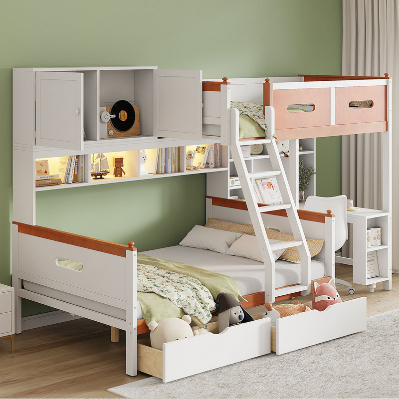 Lit superposé en bois avec bureau, tiroirs, tablettes et armoire, lumière DEL