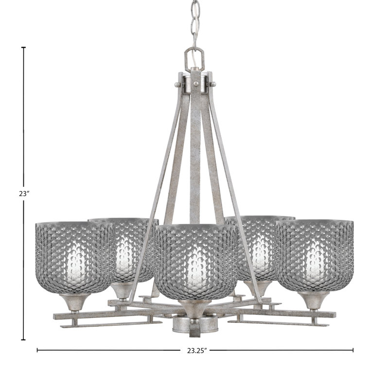Uptowne 5 Light Uplight Chandelier Shown In Aged Silver Finish With 6" Smoke Textured Glass
