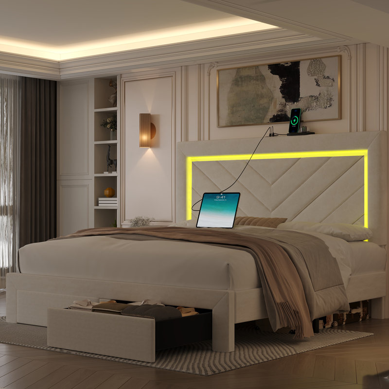 Upholstered Bed Frame with Adjustable Charged LED Headboard and Storage Drawers, Full / Double, Cream