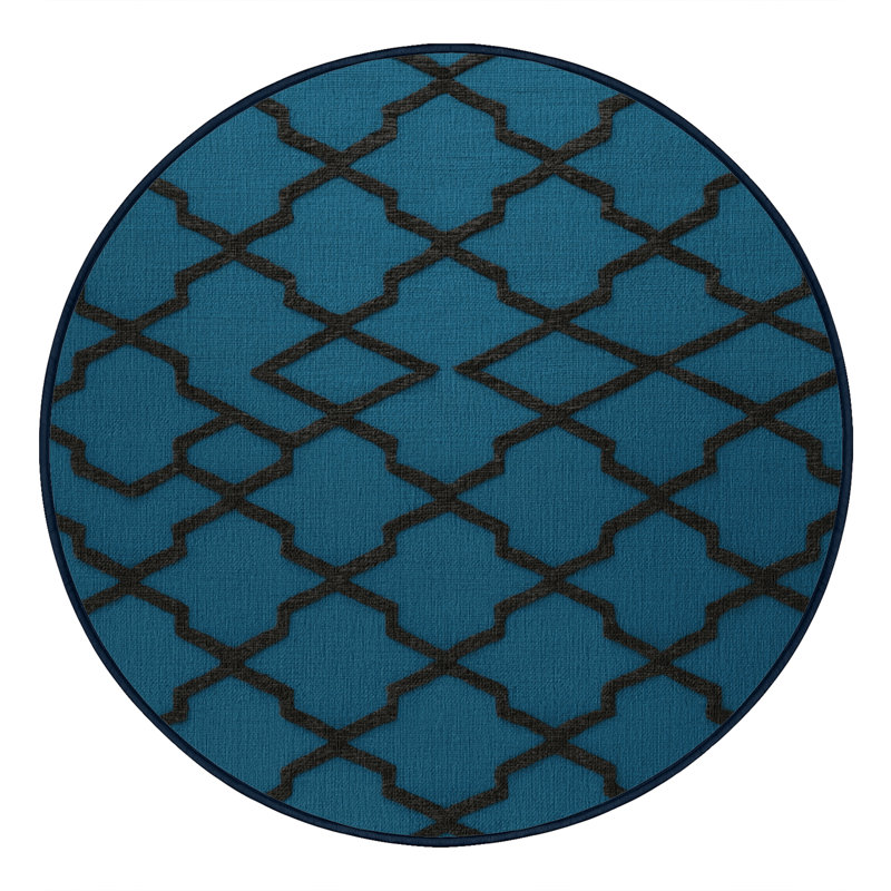Tapis bleu en treillis lavable à la machine, Rond 3 pi