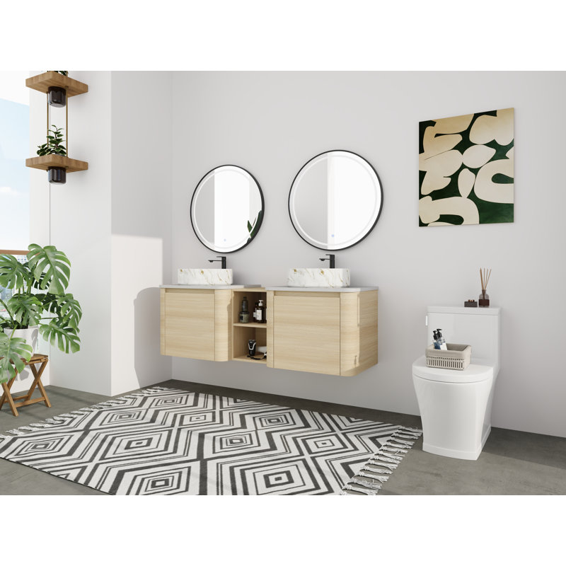 Meuble-lavabo mural 60 po à double cuve - 5 options de couleur de cuve (motifs blanc / noir / marbre) + armoire en bois clair et tablette centrale ouverte (type C)