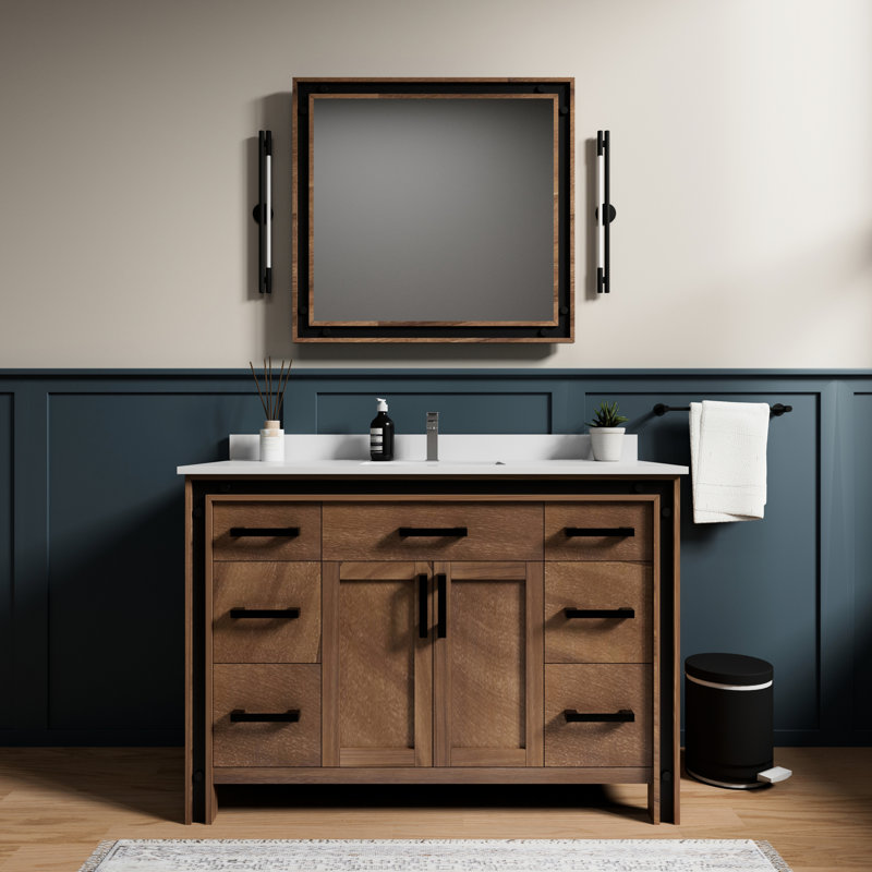 48 po Meuble-lavabo large et rustique, système de tiroir et d'armoire à fermeture en douceur, six tiroirs pour un rangement abondant, structure en bois massif avec contreplaqué E0, installation simple entièrement assemblée, compatible avec le plateau vendu