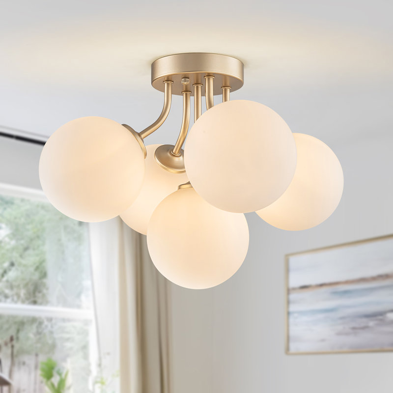 Plafonnier semi-encastré 5 lumières Spoutnik Globe, Nervuré, Blanc