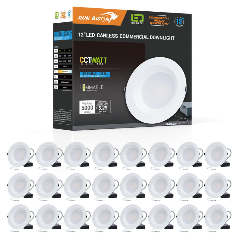 Downlight commercial encastré à DEL 12 pouces Run-Bison avec J-Box, puissance réglable 30/40 / 50W, 3 couleurs sélectionnables 3000K-5000K, 120-277V, 0-10V à intensité variable, homologué IC, Downlight à DEL Canless, homologué ETL