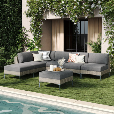  7-piece Wicker Rattan Patio Furniture Set, Deep Seating Outdoor Modular Sectional Sofa Conversation Set With Thick Cushions For Lawn, Garden
