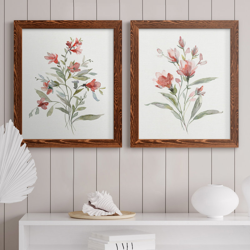 Lin botanique corail III - ensemble de 2 reproductions d'art, H 24 po x l 36 po x P 1,5 po, Toile avec cadre érable