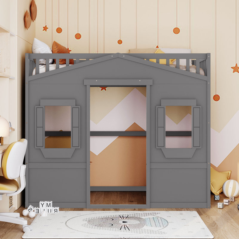 Lit mezzanine avec échelle en pin massif, Gris, Lit simple