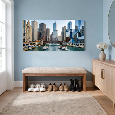 Chicago Cityscape Skyline Riverboats Canvas Wrapped Wall Art Oil Painting Print Set Of 1