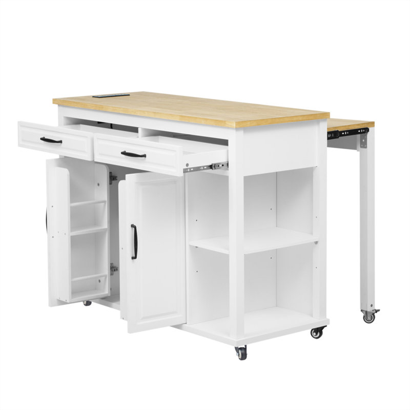 47 Inch Kitchen Island With Extendable Dining Table, Rubber Wood Veneer Kitchen Table With Internal Storage Rack, Power Outlet, Kitchen Island With Storage 2 Drawers 2 Cabinet