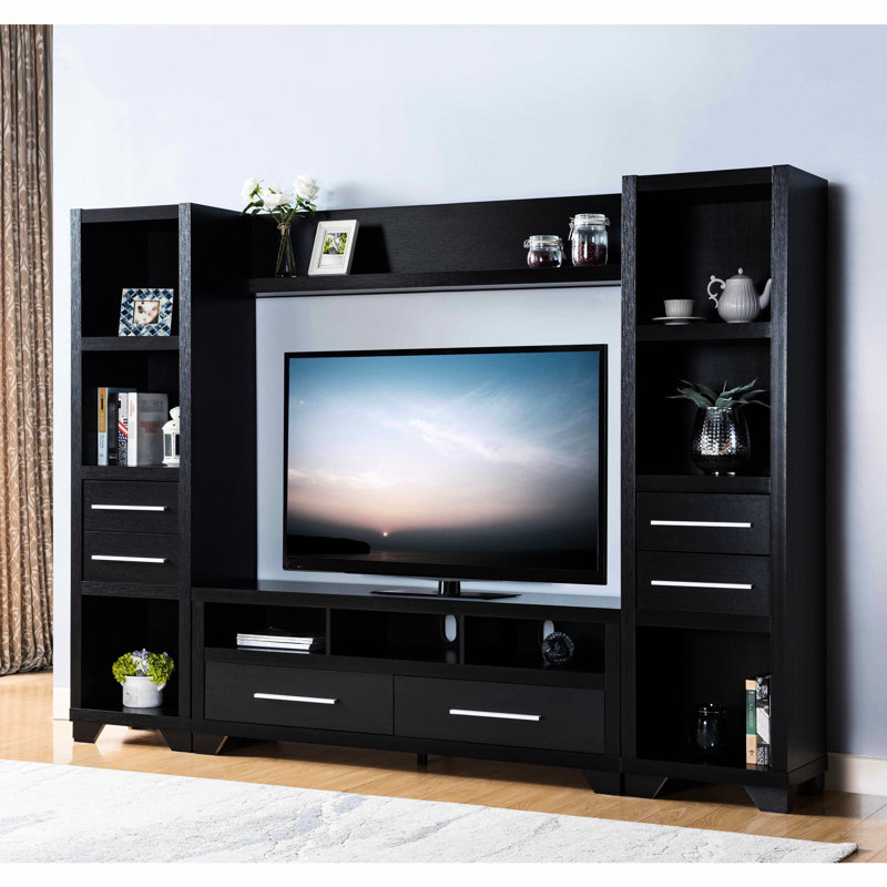Console média noire avec trois tablettes et deux tiroirs, panneau de particules, 20 po Largeur du colis, 70,78 po de hauteur, 9 po de hauteur en noir, 2 tiroirs et 3 tablettes, poids de 94,8 lb, profondeur de 19,72 po